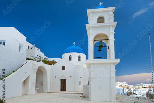 church with blue domes on the island of Santorini, Greece