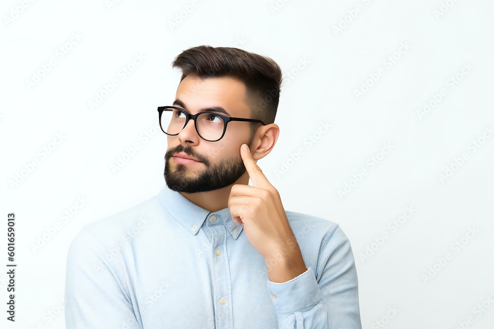 Young doubtful man thinking. Handsome young man in casual shirt and glasses standing isolated over white background. Customer thinking hard looking away. Generative AI Young doubtful man thinking. Handsome young man in casual shirt and glasses standing isolated over white background. Customer thinking hard looking away. Generative AI