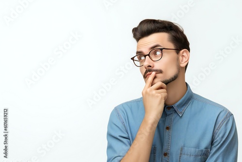 Young doubtful man thinking. Handsome young man in casual shirt and glasses standing isolated over white background. Customer thinking hard looking away. Generative AI