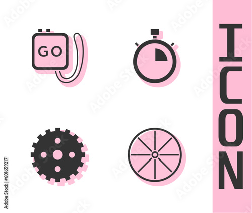 Set Bicycle wheel, Stopwatch, sprocket crank and icon. Vector