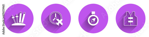 Set Ski and sticks, Clock with airplane, Compass and Life jacket icon with long shadow. Vector