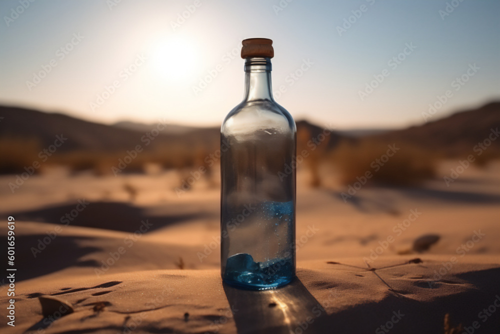 Bottle full of water in the middle of the desert. Concept of drought. Water war. Bottle full of water in the middle of the desert. Concept of drought. Water war.