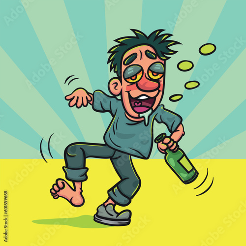 Cartoon drunk man holding liquor bottle walking. Illustration cartoon for background or postcard, poster, t shirt, ceramic mug, vector stock.  