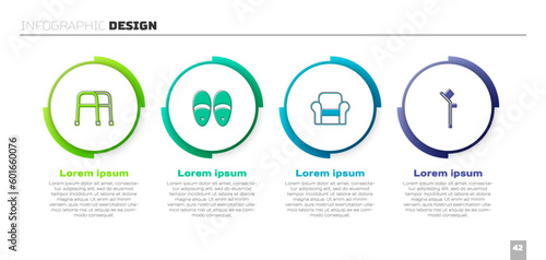 Set Walker, Slippers, Armchair and Crutch or crutches. Business infographic template. Vector