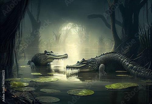 Powerful and Fearsome: A Unique Wetland Scene with Massive Crocodiles and Otherworldly Murky Water, generative AI