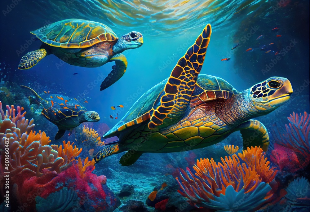 Oceanic Grace: Colorful Sea Turtles in a Peaceful Underwater Scene with ...