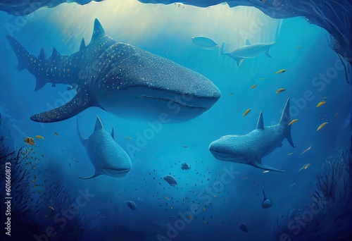 Oceanic Majesty: Awe-Inspiring Underwater Scene with Massive Whale Sharks in Serene Open Water, generative AI