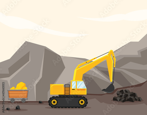 A cartoon illustration of a mining machine with a bucket full of coal