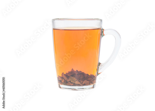 Black tea in a transparent glass cup. Cup isolated on a white background.