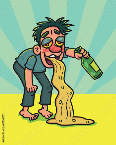 Cartoon drunk man with liquor bottle vomits. Illustration cartoon for background or postcard, poster, t shirt, ceramic mug, vector stock.  