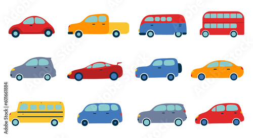 Cartoon vector colorful cars set isolated on white background. Toy transport. Kids cute illustration. School bus, van, pickup, sport car, trailer. Simple flat automobile