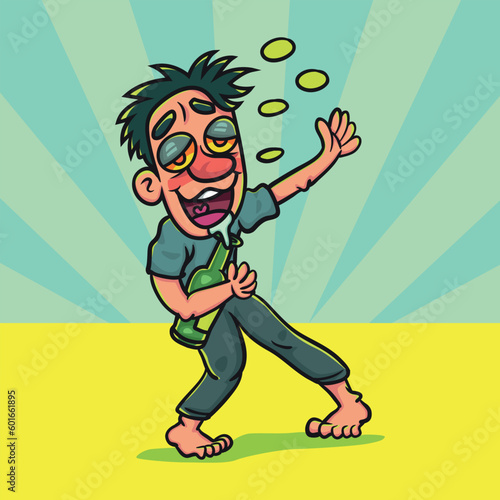 Cartoon happy drunk man with liquor bottle walking. Illustration cartoon for background or postcard, poster, t shirt, ceramic mug, vector stock.  