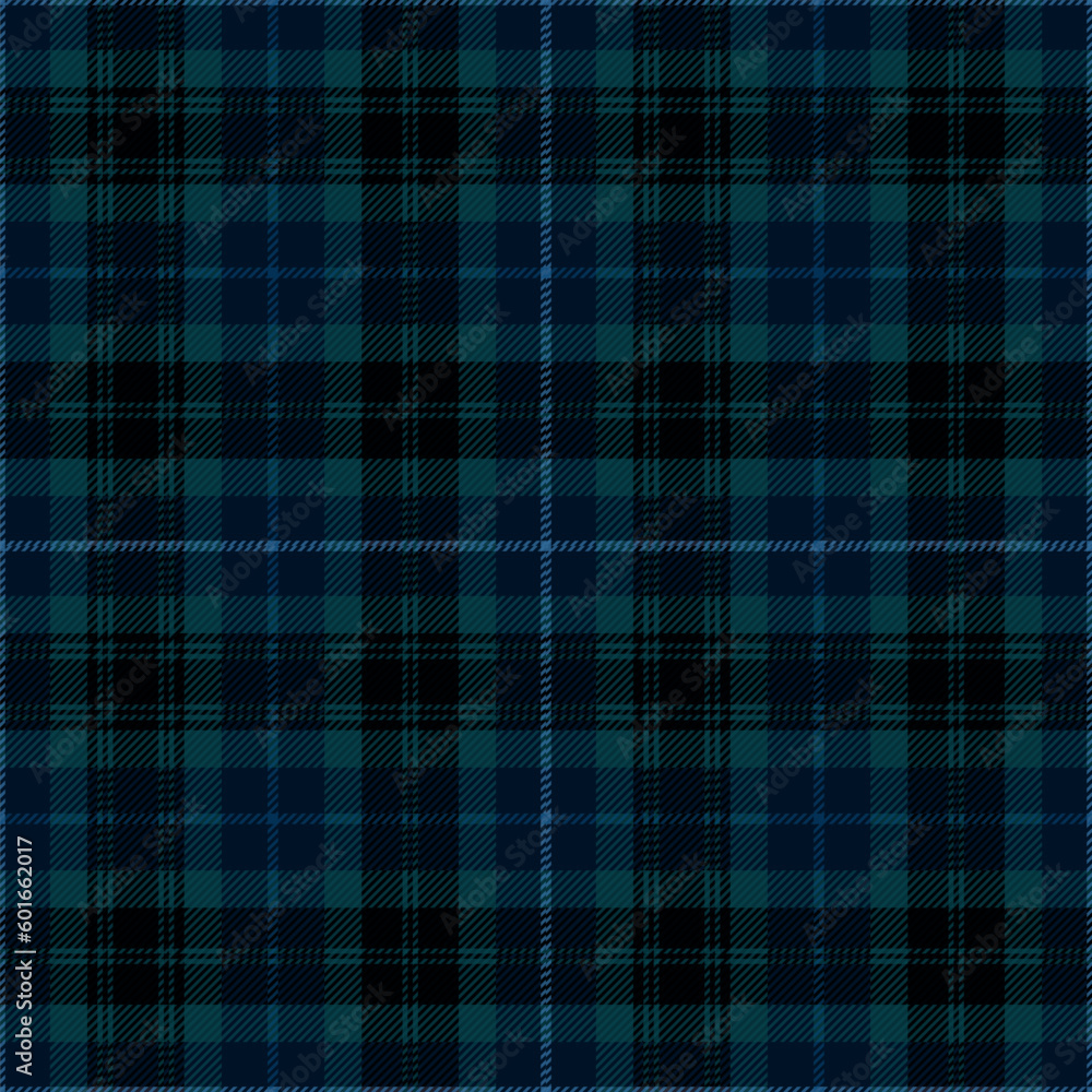 Fototapeta premium Blue and black tartan plaid. Scottish pattern fabric swatch close-up.