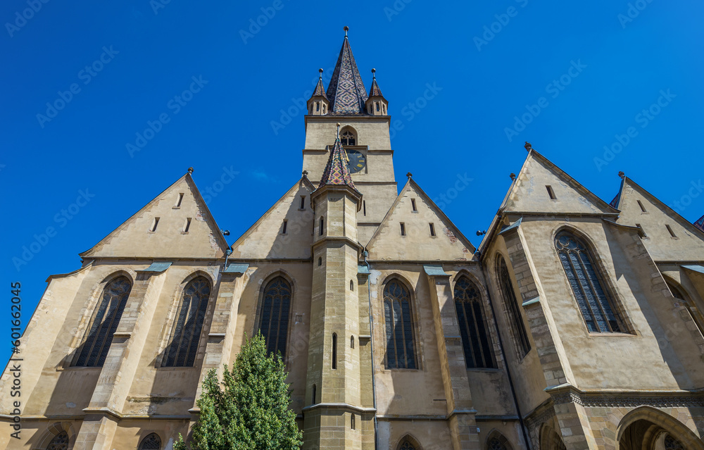 Facade of Lutheran Cathedral of Saint Mary in Old Town of Sibiu, Romania