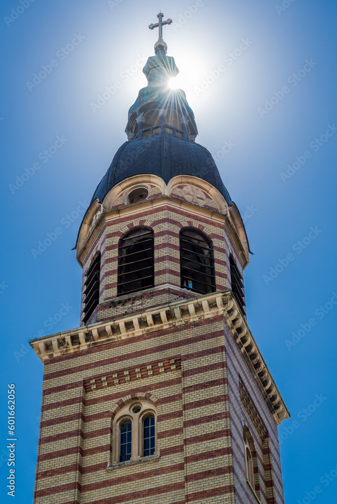 Fototapeta premium Tower of Orthodox Cathedral of Holy Trinity in Old Town of Sibiu, Romania