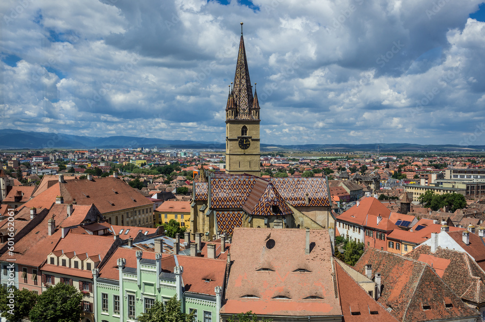 View from Council Tower with Hermes House and St Mary Cathedral, Old Town of Sibiu city, Romania