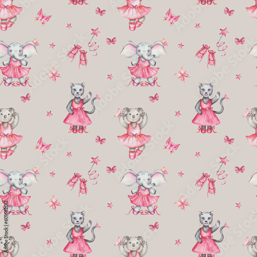 Watercolor seamless pattern. Hand painted illustration of cartoon elephant, panther cat, koala bear. Girls in dance studio in pink dress, ballet shoes. Print on grey background for textile, packaging