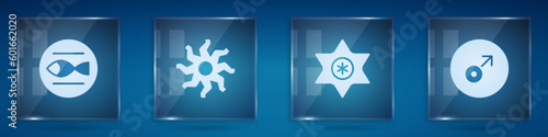 Set Pisces zodiac, Sun, Falling star and Mars symbol. Square glass panels. Vector