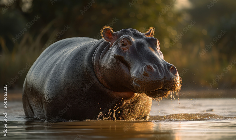 Fototapeta premium sunset photo of hippopotamus standing in water in its natural habitat. Generative AI