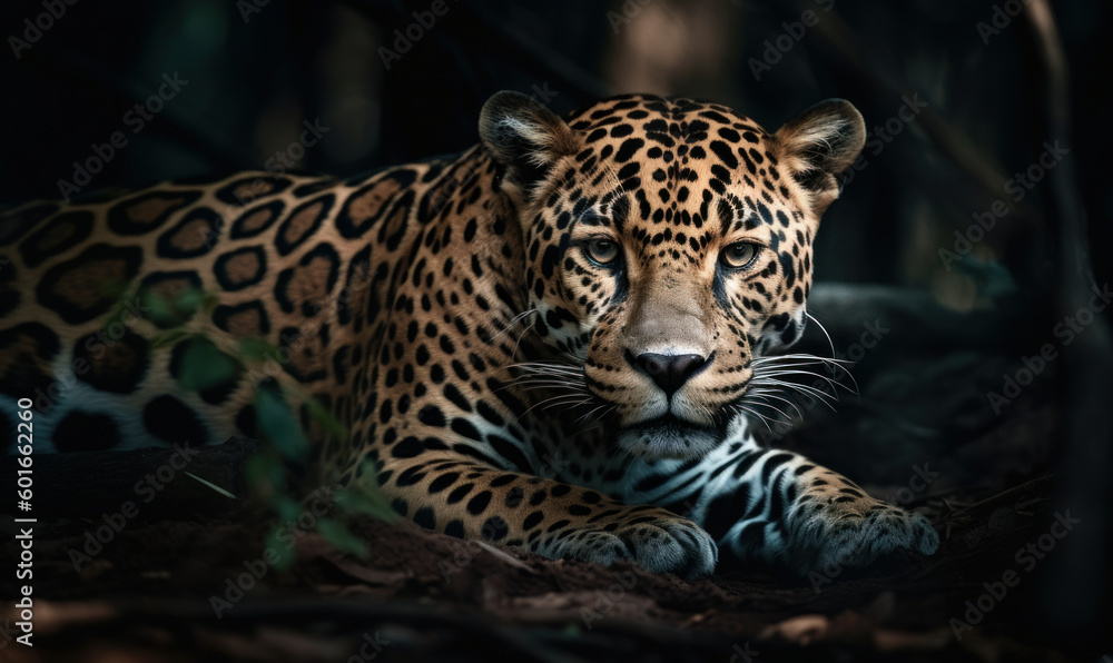 Naklejka premium Photo of jaguar crouched & ready to pounce with intense focus. lighting highlighting jaguar's muscular form and sleek coat showcasing the raw power & beauty of this majestic predator. Generative AI