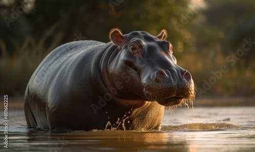 sunset photo of hippopotamus standing in water in its natural habitat. Generative AI