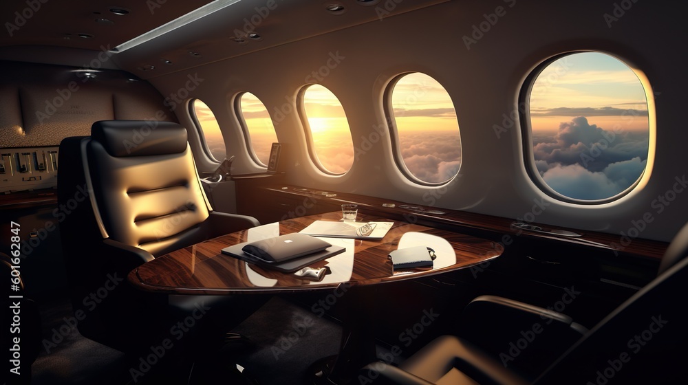 Interior of private jet made with Ai generative technology - obrazy, fototapety, plakaty 