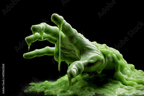Green slime halloween hand against a black background. Generative ai photo