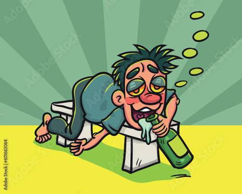 Drunk man holding liquor bottle lying long park chair. Illustration cartoon for background or postcard, poster, t shirt, ceramic mug, vector stock.  