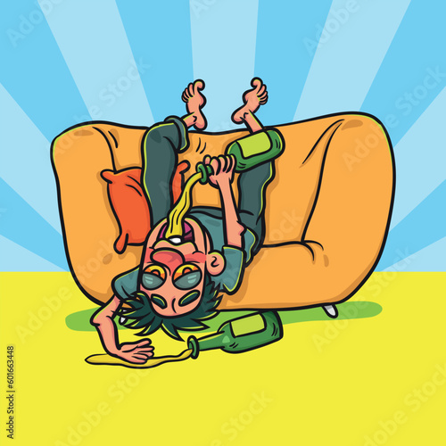 Drunk man lying on sofa and holding liquor bottle. Illustration cartoon for background or postcard, poster, t shirt, ceramic mug, vector stock.  
