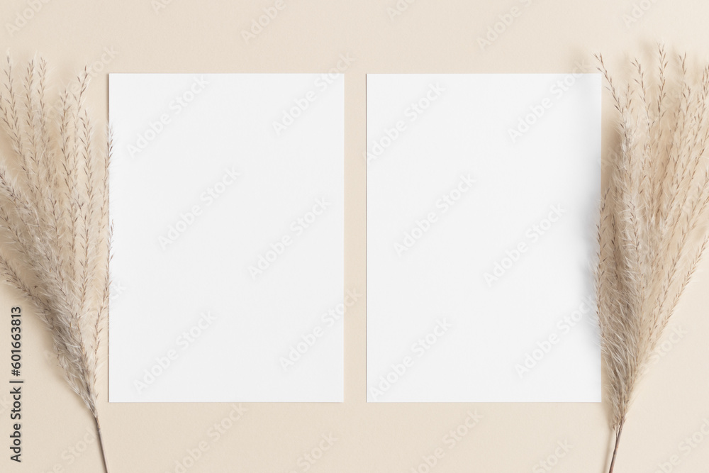 Two white invitation cards mockup with a reed pampas decoration on the beige table. 5x7 ratio, similar to A6, A5. Two white invitation cards mockup with a reed pampas decoration on the beige table. 5x7 ratio, similar to A6, A5.