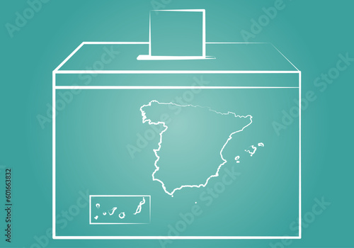 Elecciones en España o territorio español. Trazado en blanco de España y una urna electoral con papeleta introduciéndose en la urna. Votaciones en España