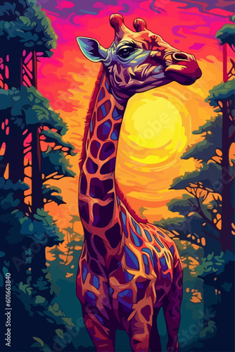 Giraffe in a wood in the african steppes, at sunset, woodcarving style in neon colors