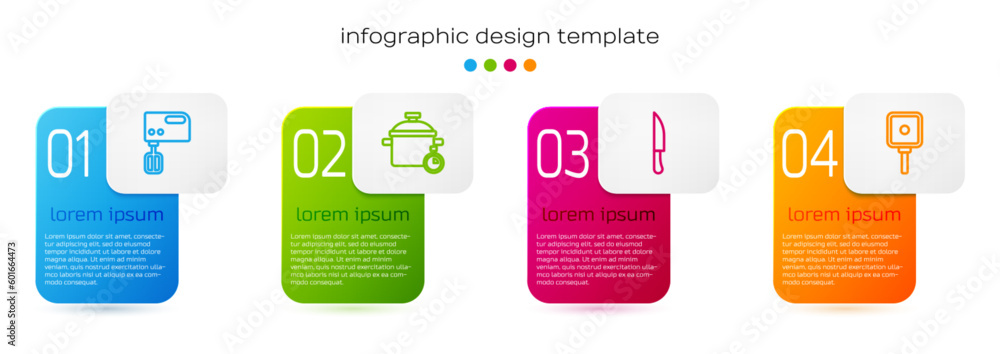 Set line Electric mixer, Cooking pot, Knife and Frying pan. Business infographic template. Vector Set line Electric mixer, Cooking pot, Knife and Frying pan. Business infographic template. Vector