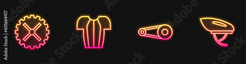 Set line Bicycle chain with gear, sprocket crank, Cycling t-shirt and helmet. Glowing neon icon. Vector