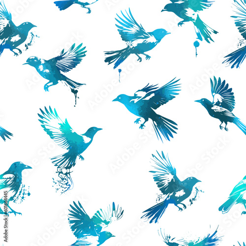 blue and white seamless pattern with flying birds. flying magpies. Vector illustration