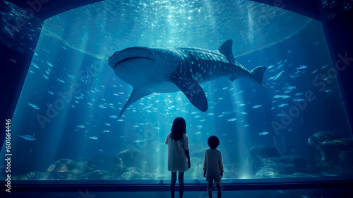 Boy and girl near the aquarium with a huge whale shark