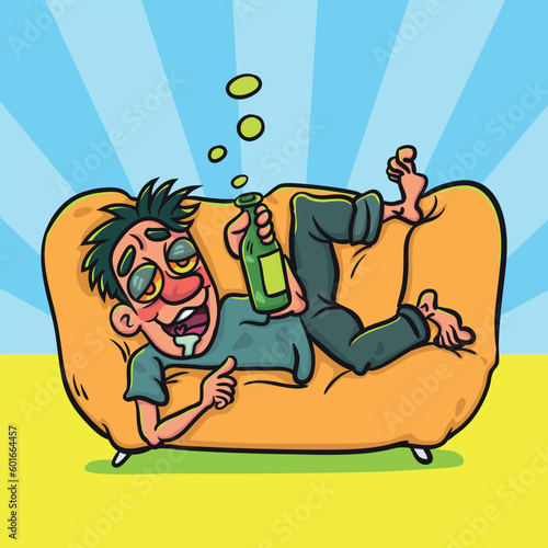 Drunk man with bottle lying on a sofa. Illustration cartoon for background or postcard, poster, t shirt, ceramic mug, vector stock.  