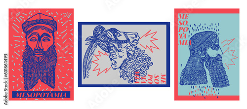 Recursos graficos de tres diseños con inspiracion antigua, mesopotamia. Ilustraciones reales de esculturas clasicas, dibujos a mano de línea para estampados de camisetas, carteles, pegatinas,