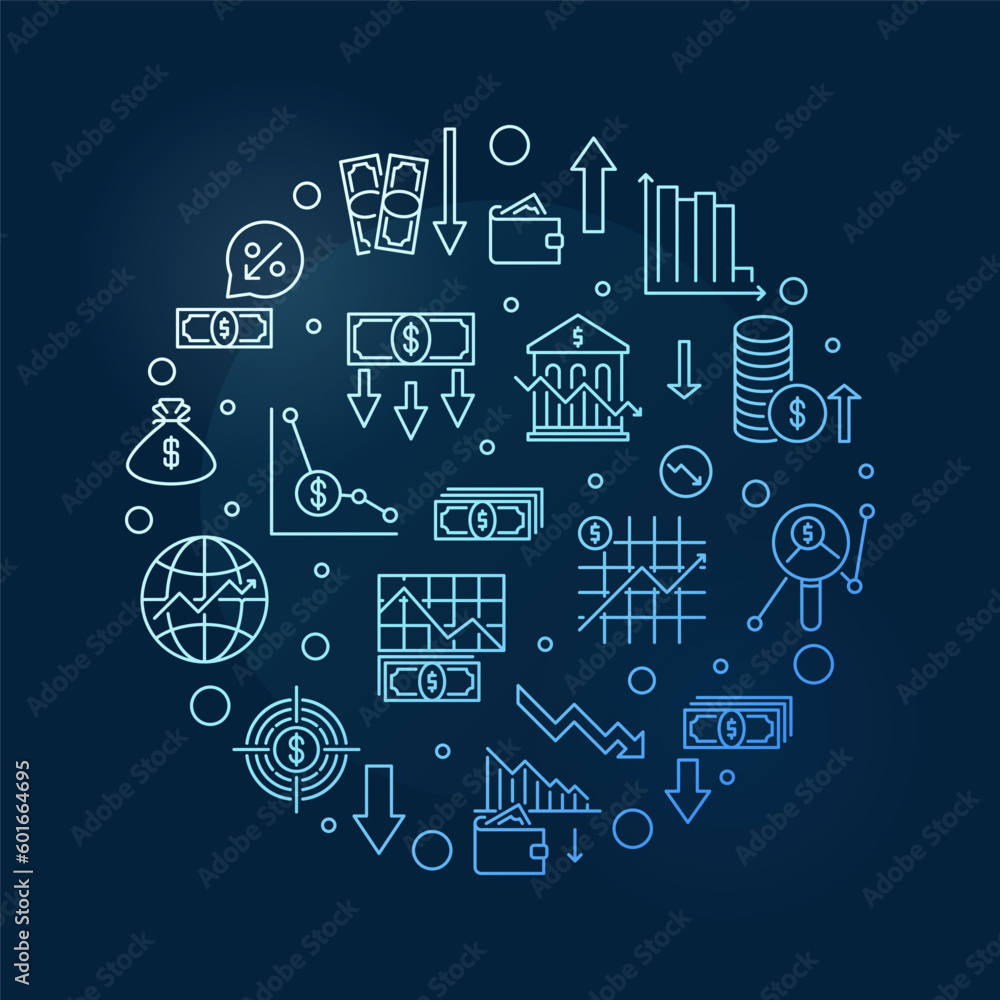Monetary and Fiscal Policy vector Macroeconomics round outline blue banner