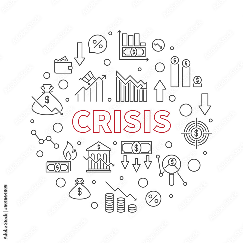 Crisis vector round simple banner in outline style - Economy Recession illustration