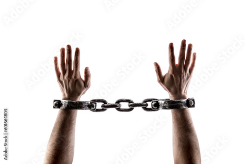 Shackled hands isolated on white background with clipping path photo