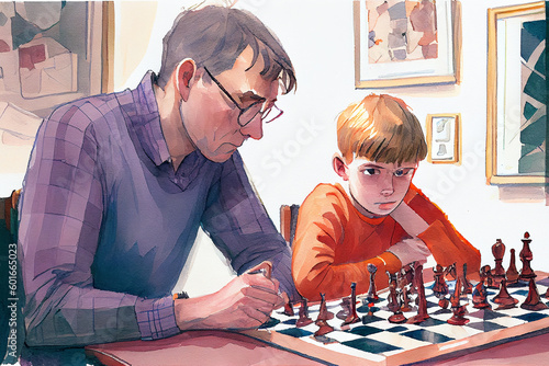 A boy playing with chess alongside his father, generative ai illustration evoking a sense of family bonding and intergenerational connection