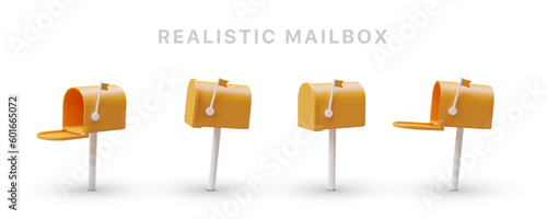 Yellow realistic mailboxes with raised flag. 3D set of icons for messengers, mail applications. Opened and closed mailbox on stands. Ready to accept notification photo