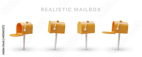 Yellow realistic mailboxes with raised flag. 3D set of icons for messengers, mail applications. Opened and closed mailbox on stands. Ready to accept notification