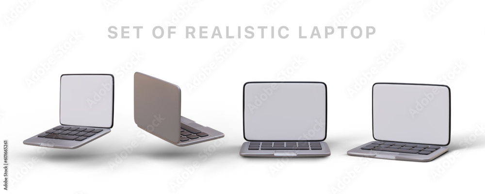 3d laptop from different angles. Set of realistic minibook images. Modern device for work and communication. Icons with shadows. Laptop with blank screen 3d laptop from different angles. Set of realistic minibook images. Modern device for work and communication. Icons with shadows. Laptop with blank screen