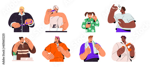 People cleaning teeth with toothbrush and paste, dental floss, mouthwash. Oral hygiene and health, healthy tooth care routine concept. Flat graphic vector illustrations isolated on white background