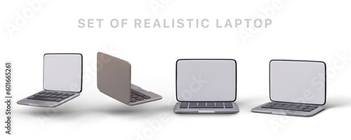 3d laptop from different angles. Set of realistic minibook images. Modern device for work and communication. Icons with shadows. Laptop with blank screen
