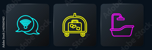 Set line Wi-Fi wireless internet, Bathtub and Hotel luggage cart. Black square button. Vector