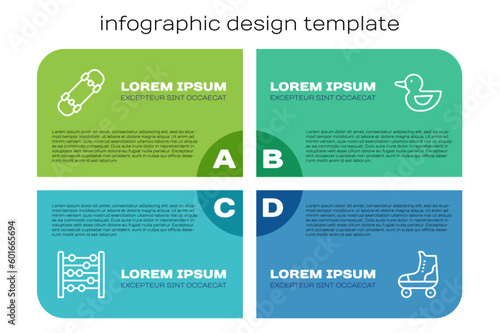 Set line Abacus, Skateboard, Roller skate and Rubber duck. Business infographic template. Vector