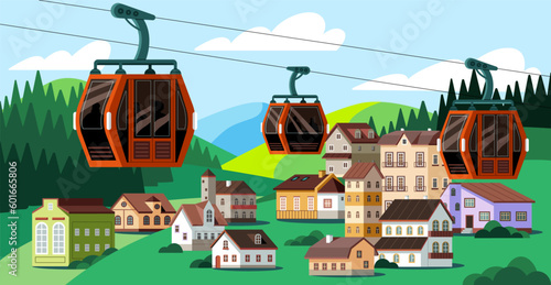 Cable cars  cabins on ropes of cableway. Nature landscape with funiculars  cablecars. Ropeway in town  country. Suspended transport at height  aerial tram for tourist  travel. Flat vector illustration